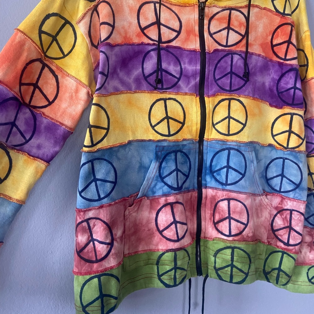 🛑SOLD Rising International Multicolored Stripe Peace Sign Zip Up Hoodie Size XL - Picture 3 of 6